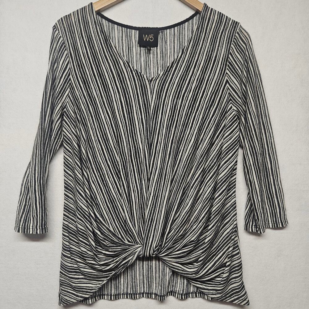W5 Wait 5 Black White Striped Twist Front Top Women's Medium 3/4 Sleeve Blouse